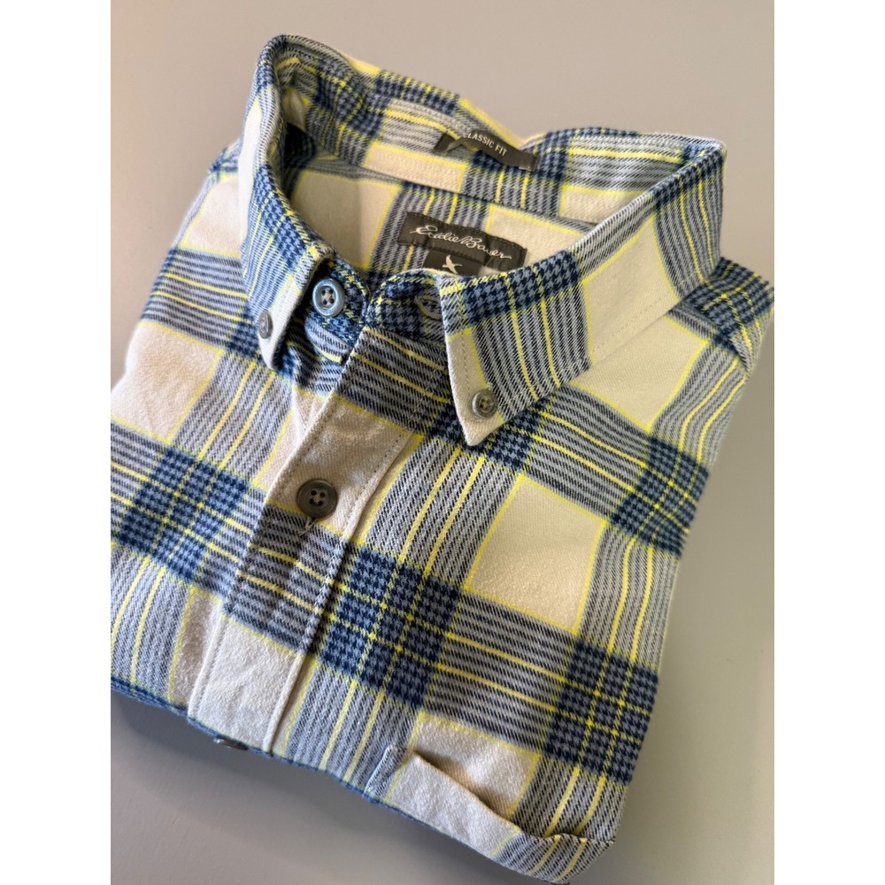 Eddie Bauer Mens Classic Fit Flannel Shirt Blue Yellow Plaid Button Down XL